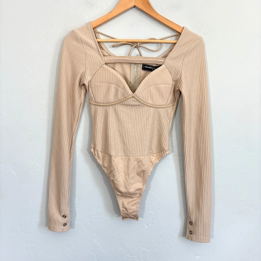 Maniere de Voir Ribbed Bodysuit Women Size 6 Beige Long Sleeve New